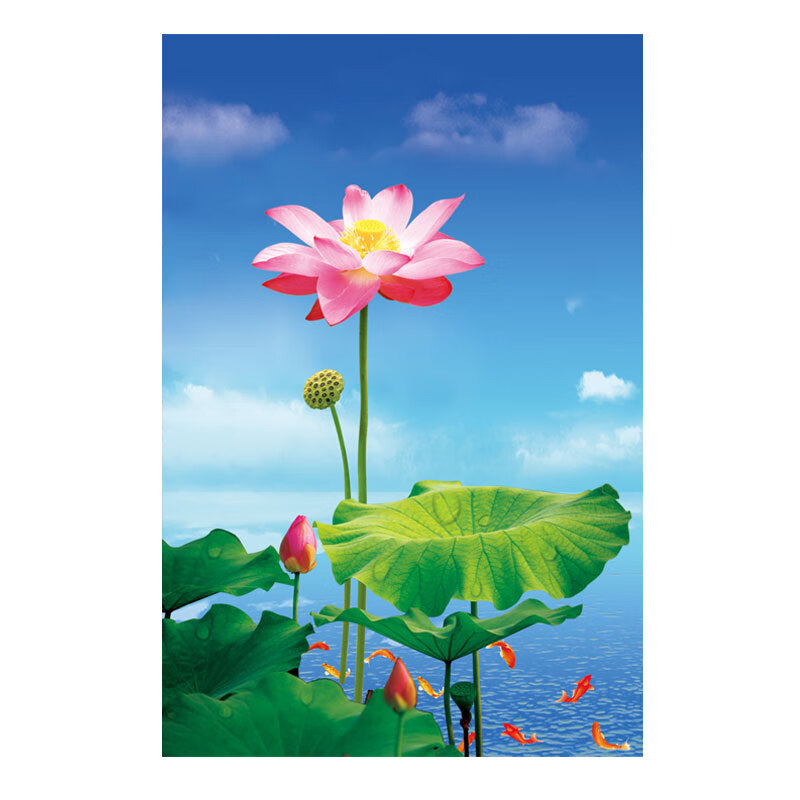 星舵荷花生财竖版山水装饰画吉祥如意九鱼图风水壁画客厅办公室贴纸画