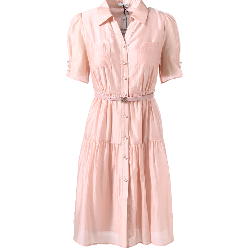 百图betu女装夏季新款连衣裙轻薄可拆卸腰带衬衫连衣裙女2404T94 粉红 L