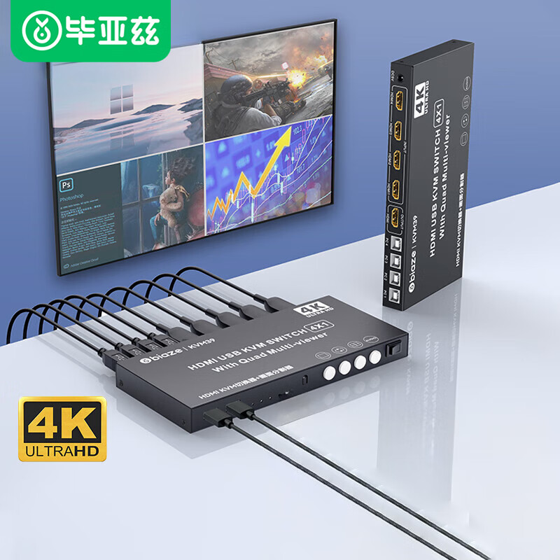 毕亚兹HDMIkvm切换器分割器分屏器4K高清4口hdmi四进一出键盘鼠标共享器带4口同步器分屏同步一体机 HDMI4进1出-KVM分割同步一体机-KVM39
