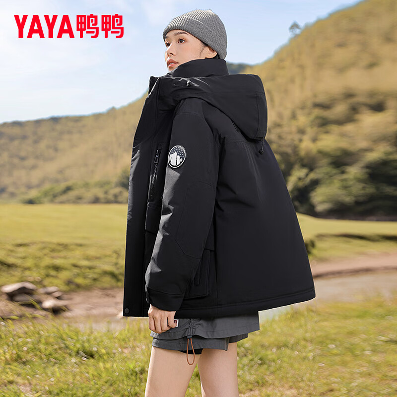 鸭鸭（YAYA）【王一博同款】羽绒服女短款2024冬季新款连帽时尚百搭保暖外套Y 2328 丛林绿色 165/84A(S)