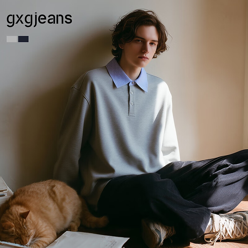gxgjeans男装 双色假两件简约时尚宽松翻领卫衣男士 25年秋新品 浅灰色 L (175)