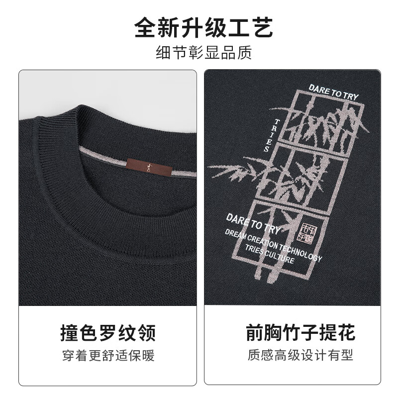 才子（TRIES）圆领毛衣男士春秋新款男装提花套头针织衫螺纹领毛衫毛衣打底衫 深灰色 L 48(170/88A)