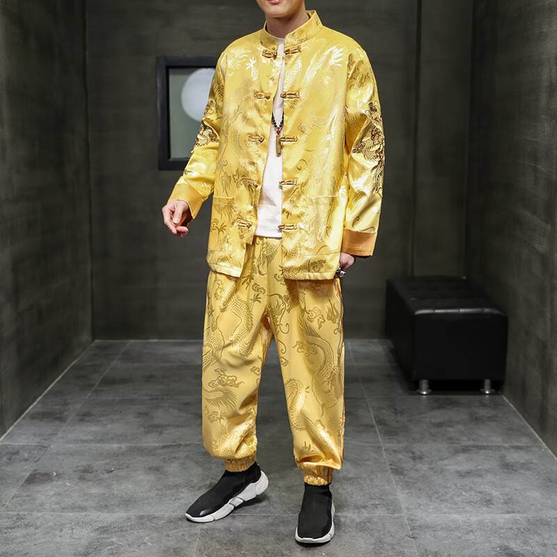 纪堡驰春季男装一整套刺绣汉服风盘扣唐装复古宽松男士套装 金色 m