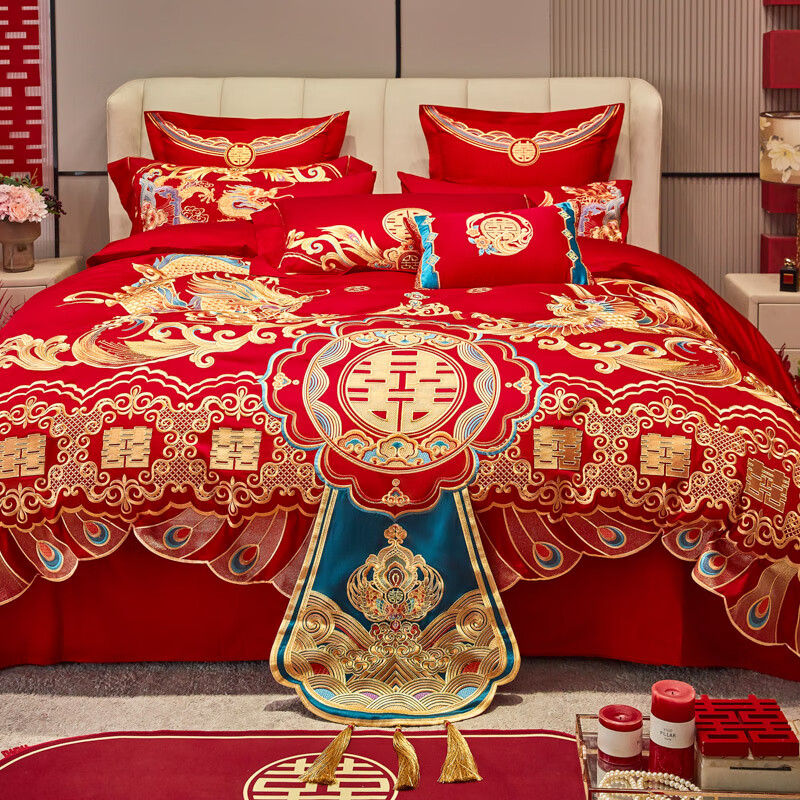 恒源祥新中式婚庆四件套红色喜庆纯棉刺绣床品床单被套枕套结婚四件套 龙章凤姿 【适合220*240cm喜被】四件套