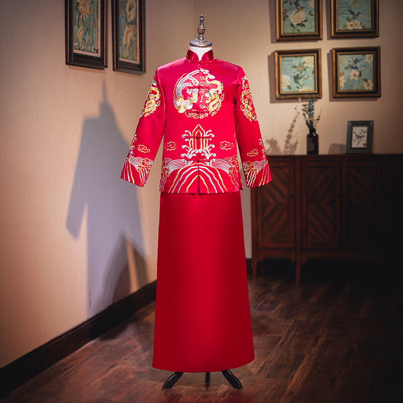 服男款中式结婚新郎婚礼新款男装大马褂大码喜服唐装古风 盘龙男装 s
