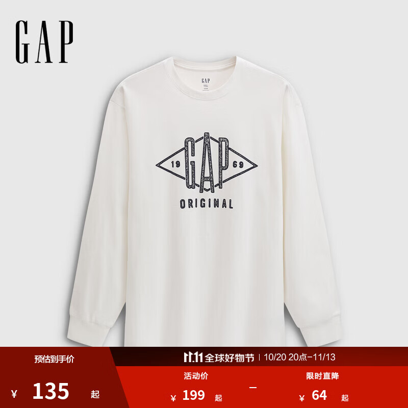 GAP男女装2025秋季新款印花logo纯棉宽松圆领长袖T恤上衣786879 白色 L (175/96A)亚洲尺码