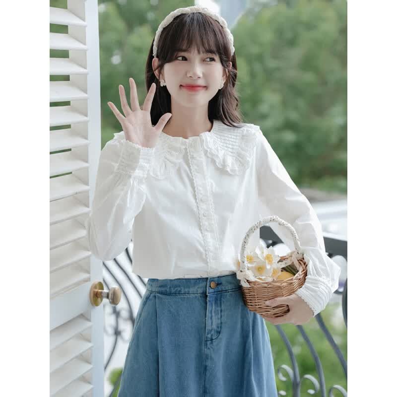 漫蒂薇娃娃领衬衫女洋气款高档白色小众长袖装春秋季2024新款设计感内