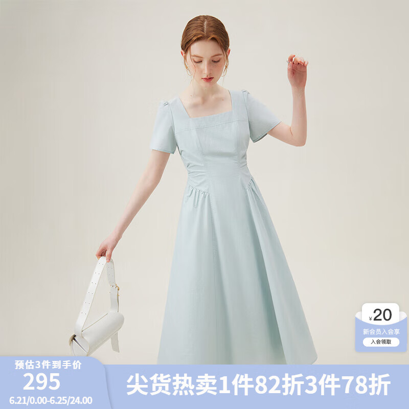 范思蓝恩法式方领连衣裙女2024夏季新款气质收腰褶皱设计感12999 晴空蓝 S