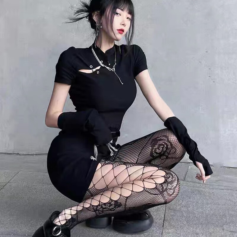 meinaidiao渔网袜女黑色侧面网格玫瑰提花性感镂空丝袜女春秋黑丝