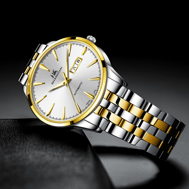 上海(SHANGHAI)男士手表“先行者”自动机械表防水夜光双历国产十大品牌商务3085 金壳钢带【夜光指针/双历显示】