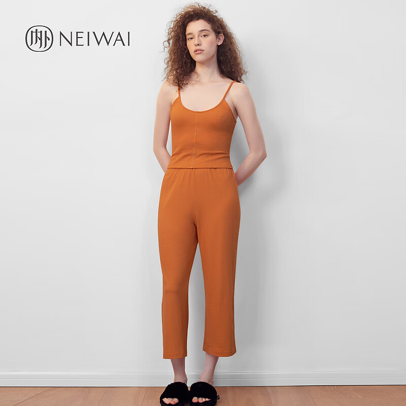 NEIWAI内外优选侧开衩短袖T恤/U领吊带松紧腰直筒八分裤套装女可外穿 吊带长裤套装-木瓜橘 S