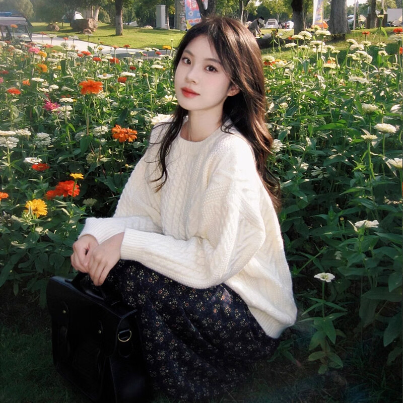 翊尚美毛衣女秋冬新款2025年小个子宽松慵懒风针织衫内搭高级感套头上衣 米白色 【不显臃肿抗起球】 均码 【推荐80-140斤】