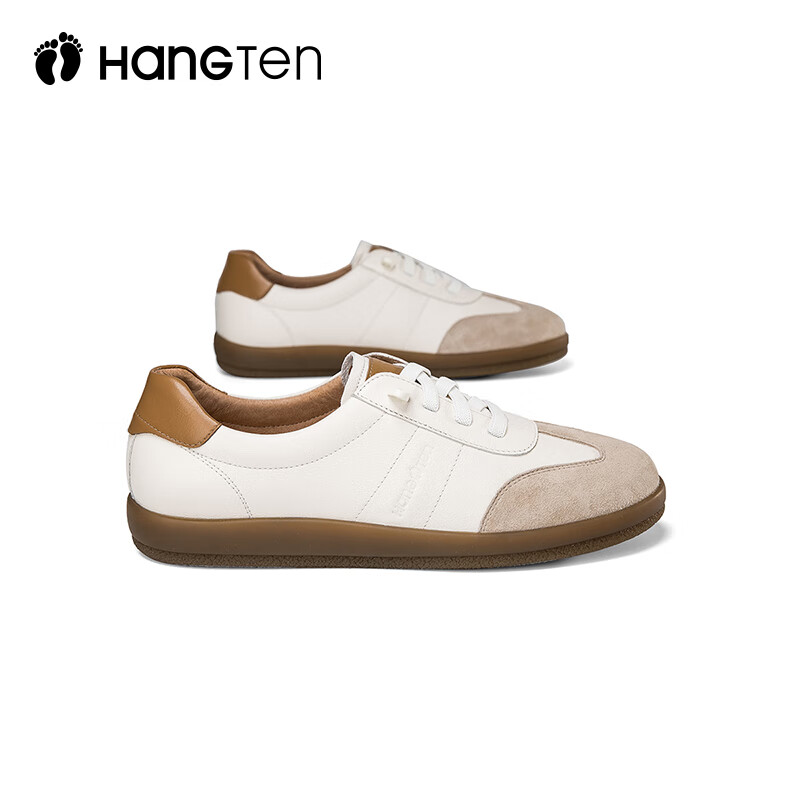 欢腾(HANG TEN)休闲运动鞋女复古潮流时尚百搭板鞋女防滑耐磨平底德训女鞋 米白棕(皮鞋码) 39