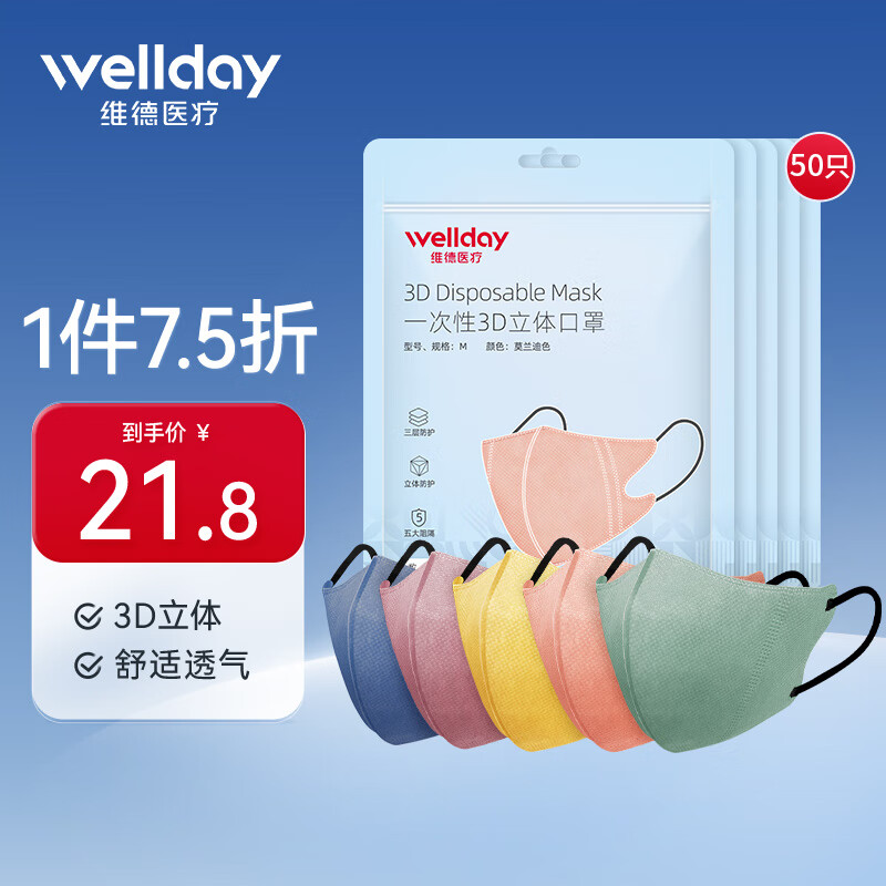 维德（WELLDAY）一次性3D立体防护口罩情侣个性 莫兰迪色多色时尚薄款透气成人防雾霾防沙尘暴 莫兰迪色【3D立体口罩60只】五色混装