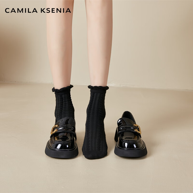 CAMILA KSENIA小皮鞋女士2026年夏季新款一脚蹬英伦风平底百搭休闲乐福鞋子厚底 黑色 38