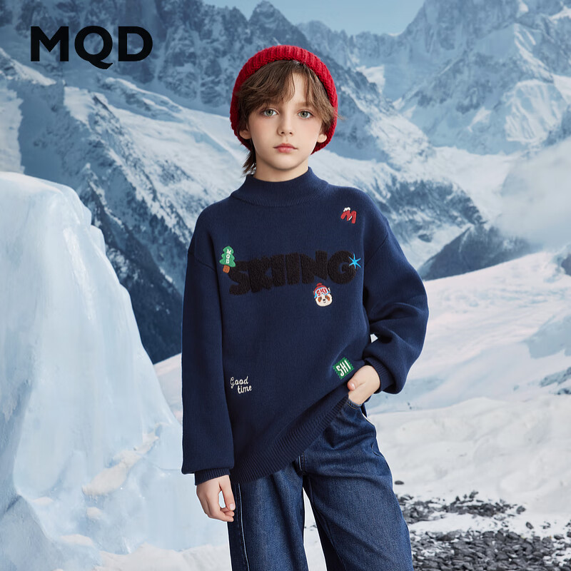 马骑顿（MQD）MQD男大童冬季学院风卡通满版保暖半高领毛衣 藏青 140
