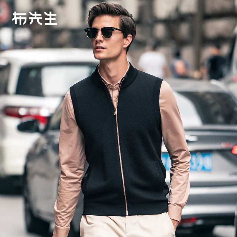 布先生无袖羊毛衫男背心春秋新款拉链立领外穿马甲纯色男士上衣 BT11583 黑色 XL (180)