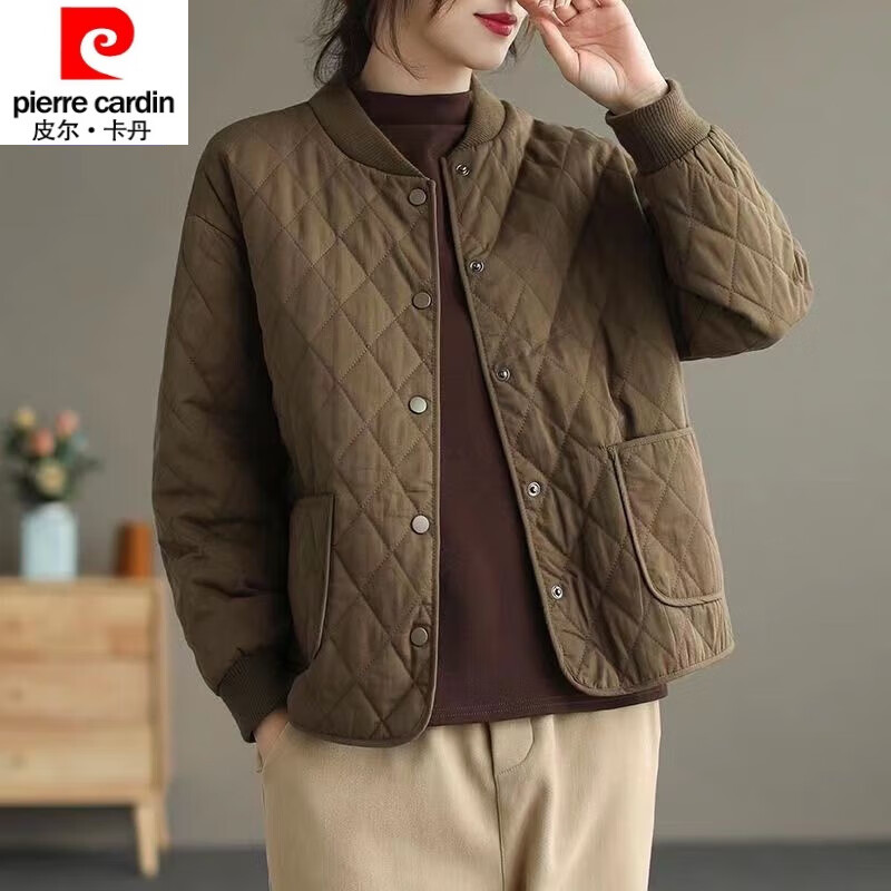 皮尔卡丹（pierre cardin）23年新款棉衣棉服女秋冬季菱格夹棉轻薄小棉袄新款装短款纯色外套 浅咖啡色 XL 【建议120-135斤】