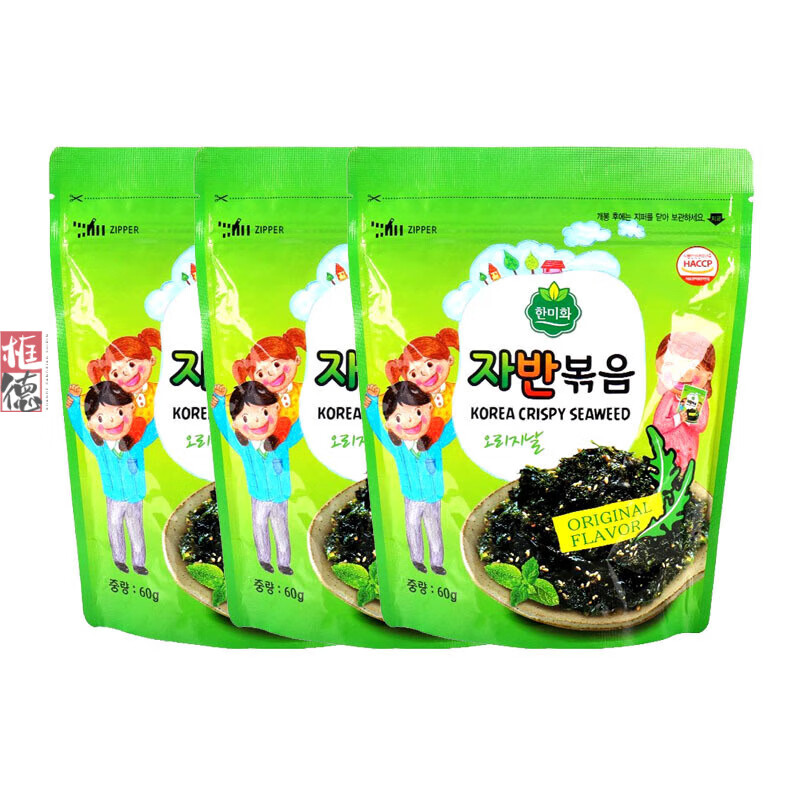 韩国进口韩美禾炒海苔60gx2袋芝麻拌饭紫菜碎儿童即食零食 韩美禾炒海苔原味60gx3包
