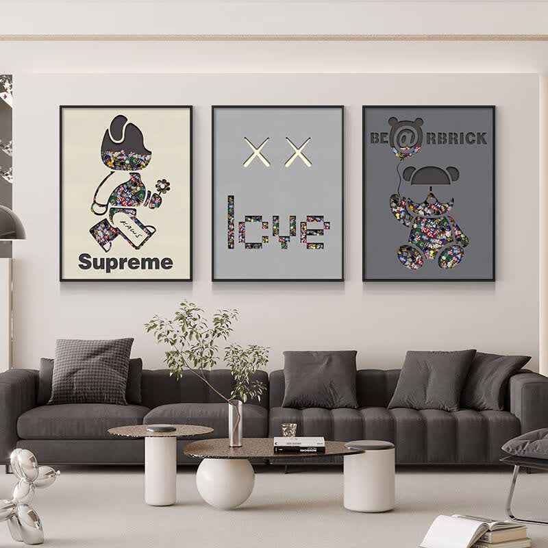 澳颜莱潮流暴力熊客厅装饰画ins现代简约房间挂画沙发背景墙三联画 潮