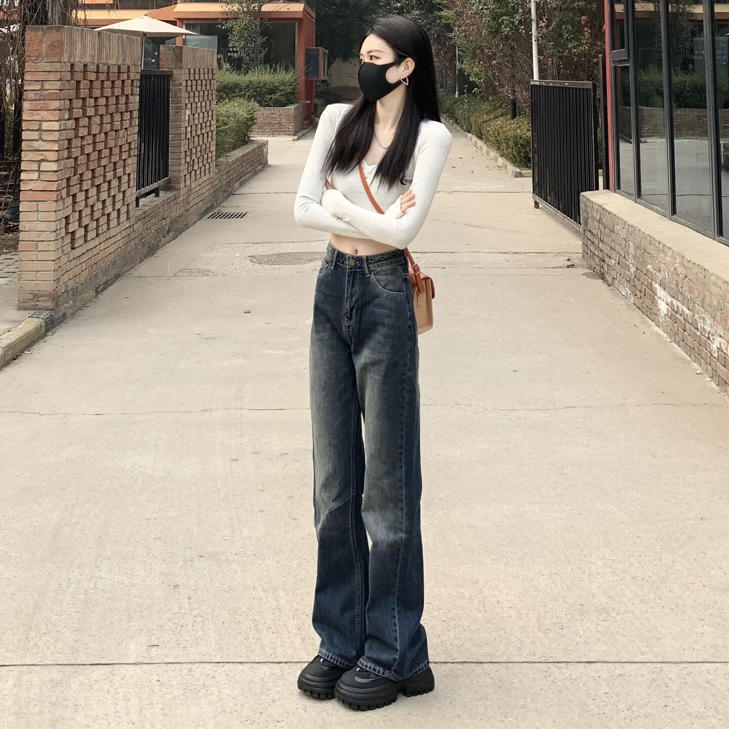 绅栩广州新塘牛仔裤女新款美式复加长直筒微喇叭春夏高腰宽松显瘦拖地