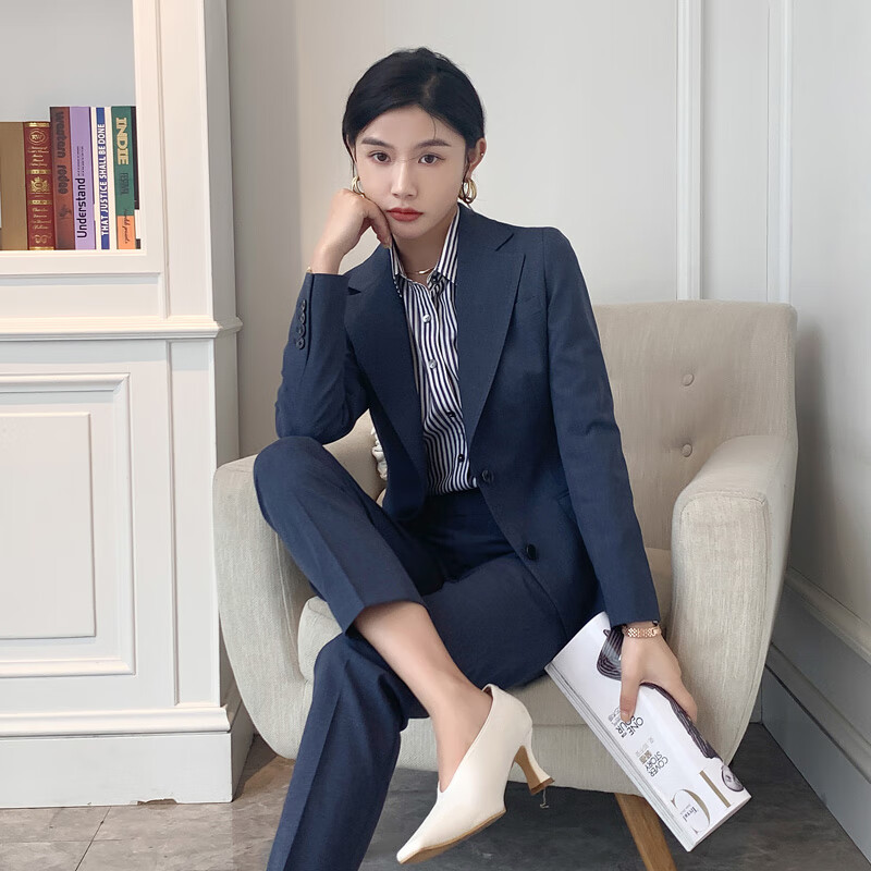 正装新款装衣思匠心西装女士正装百搭2024春季新款装两件 烟灰蓝套装