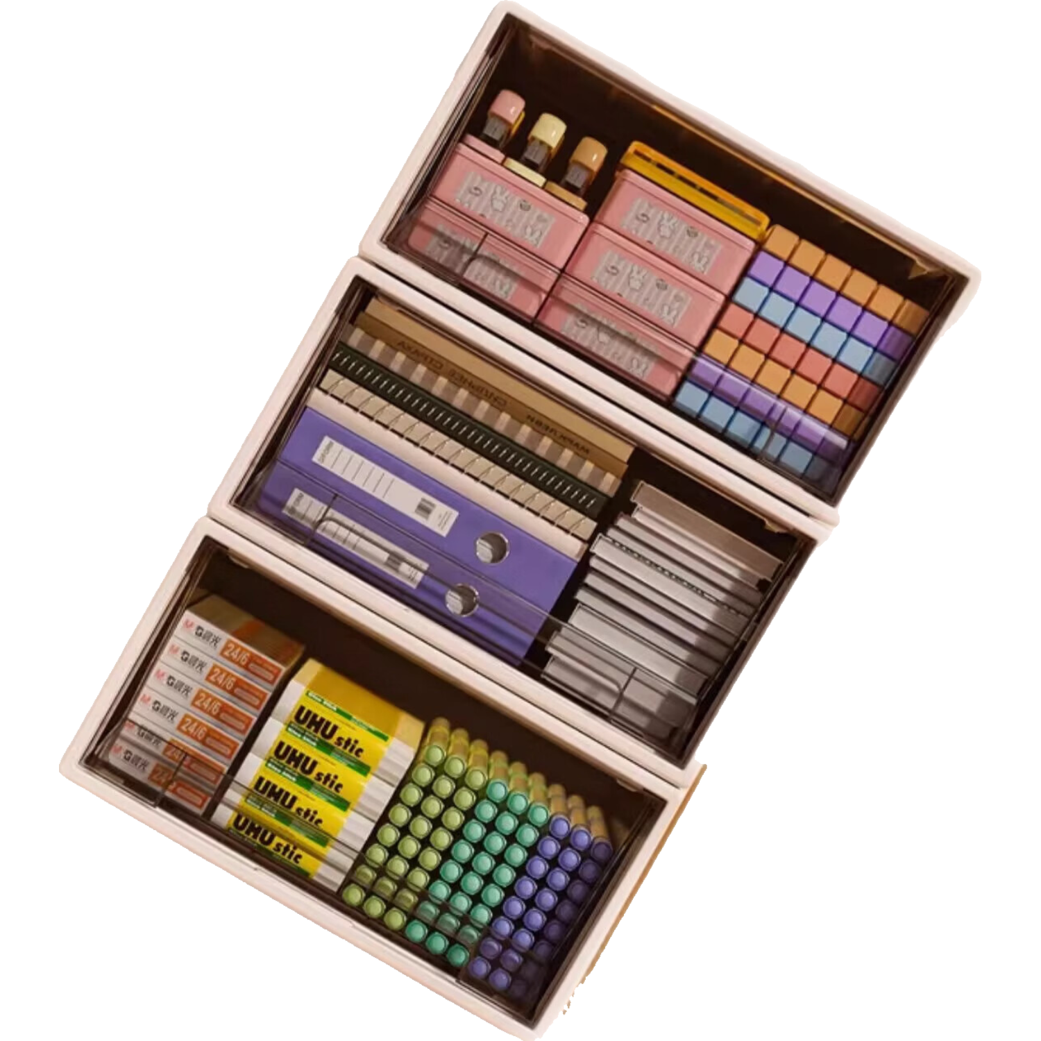 稻草熊桌面收纳盒抽屉式透明化妆品口红整理盒杂物办公室桌上文具置物架 茶色-特大号3个装【自由叠加】