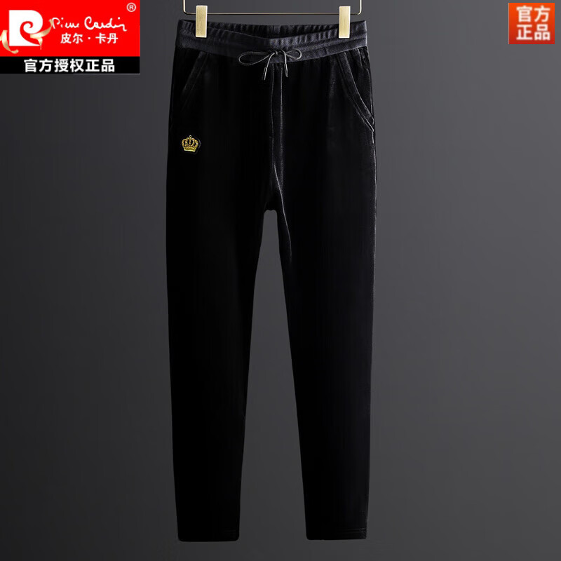 皮尔卡丹（pierre cardin）高端冬季新款金丝绒休闲运动套装男刺绣连帽卫衣加绒加厚两件套 黑色套装 加绒 4XL