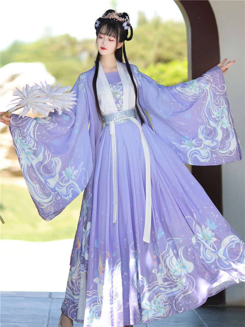 腰襦裙中国风学生齐胸全套古装薄款印花飘逸大袖衫夏 蓝色3米齐腰一套