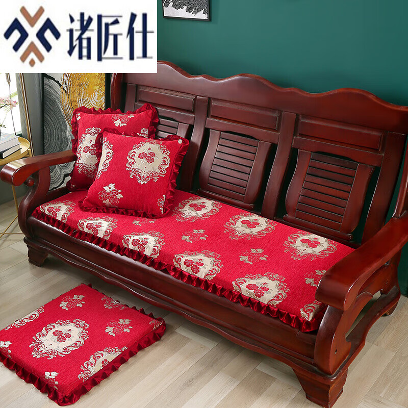 诸匠仕老式木质三人沙发垫加厚实木椅垫海绵垫防滑三人座通用红木可拆洗 紫色 雪尼尔紫 50cm*198cm四人座