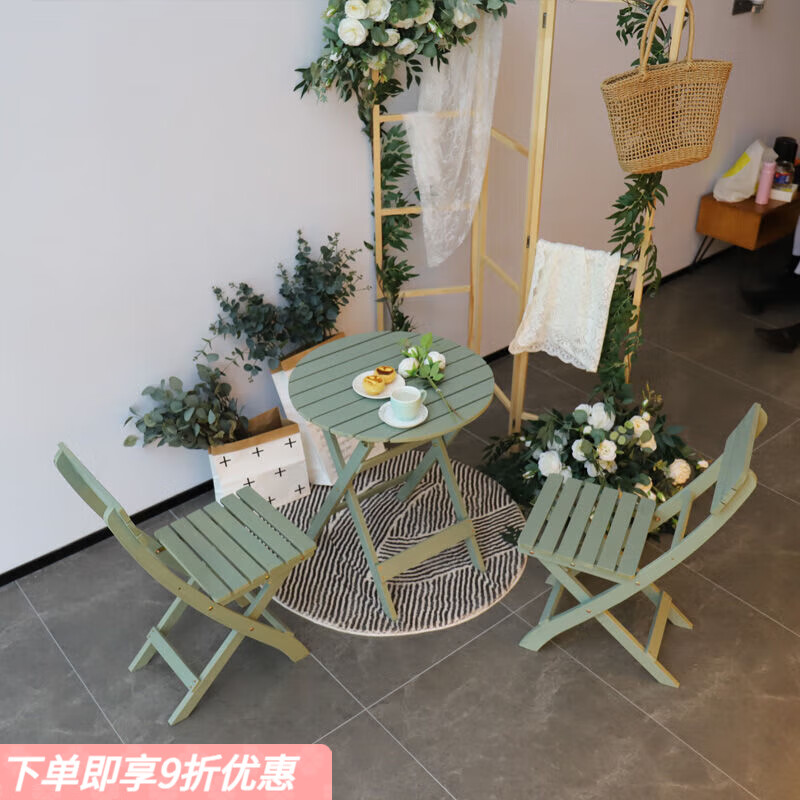 弘星隆防腐木茶几阳台休闲桌椅可折叠茶几庭院户外桌子椅子靠背椅茶几 1张圆桌+1张折叠靠背椅  水漆绿