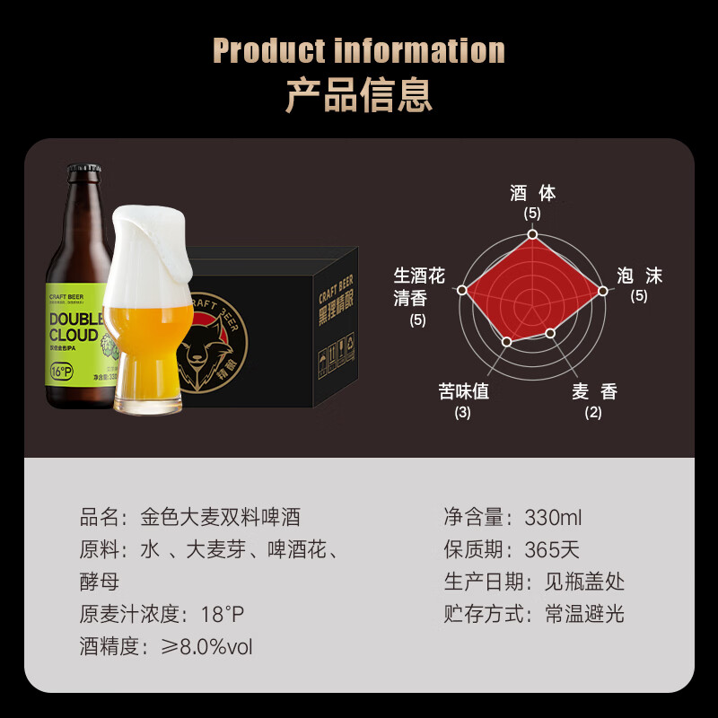 黑狸精酿啤酒整箱 13.0-26.0°P / ≥4.5-14.5%vol  双倍金色ipa 330ml*6