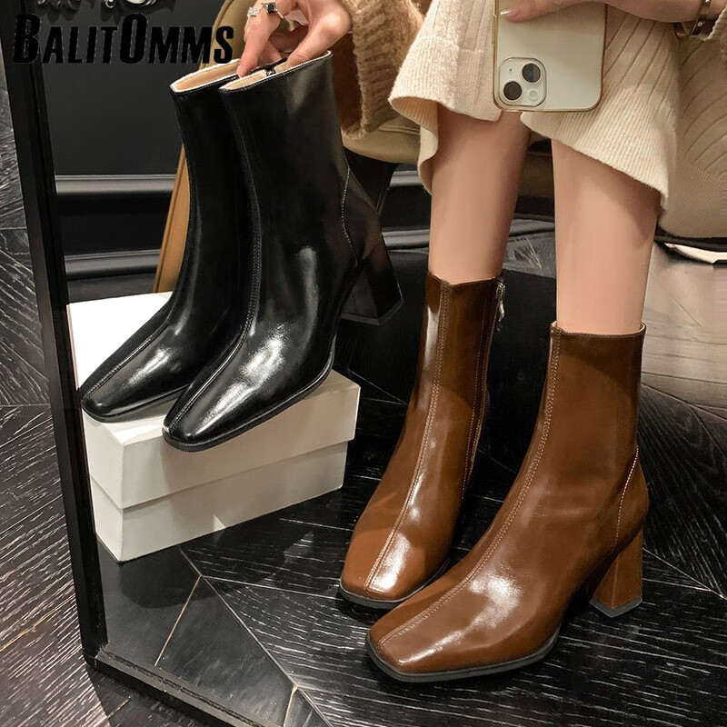 百丽驼美士(balitomms)气场女王简约风方头高跟皮靴女短靴软面马油