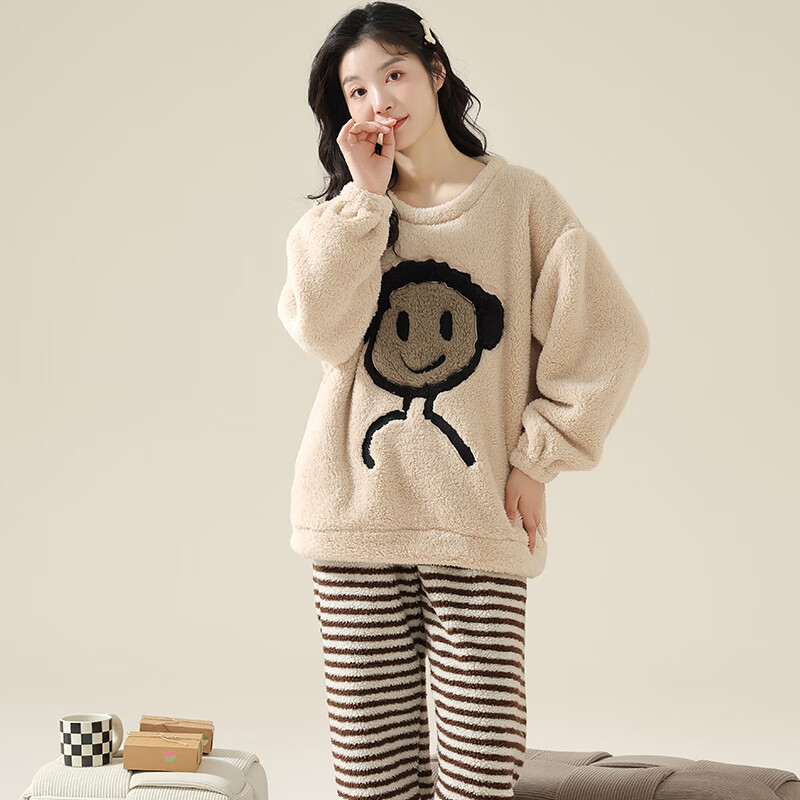 华婷露(Huatinglu)加绒加厚睡衣女长袖长裤套装宽松套头圆领长毛绒保暖加厚家居服 杏色条纹 XL (建议110-130斤穿)