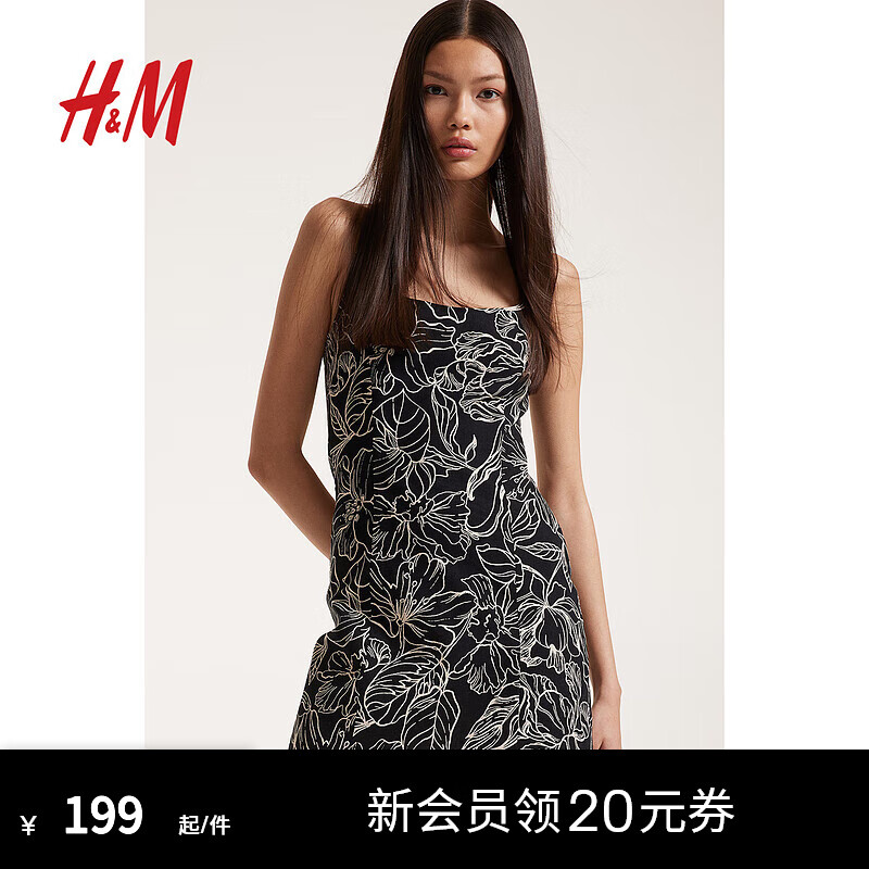 H&M女装连衣裙2024夏季新款修身无袖印花裙棉质吊带短裙1230953 黑色/花卉 160/88 38