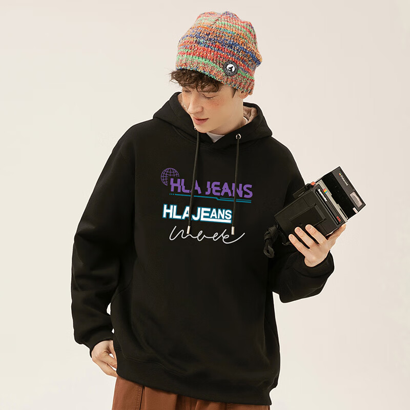 黑鲸海澜之家旗下潮牌加绒加厚连帽卫衣男秋冬季百搭带帽外套 黑 L