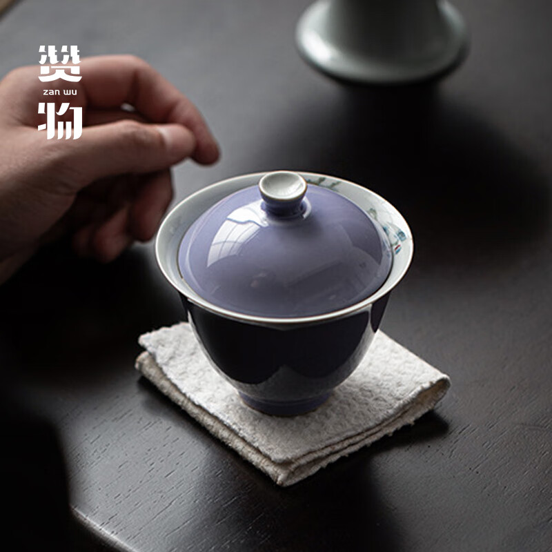 赞物手绘木槿紫色盖碗茶杯梅花单个二才泡茶碗不烫手陶瓷功夫茶具女士