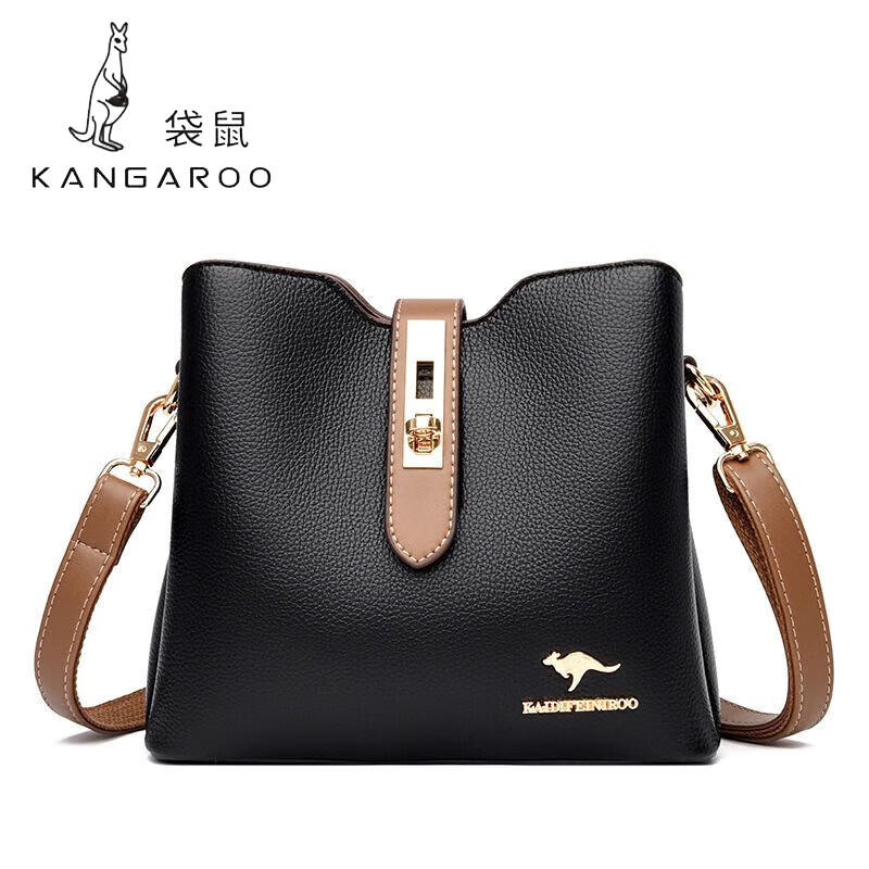 袋鼠真皮包包女斜挎2024新款时尚大容量百搭牛皮单肩水桶包高级感洋气
