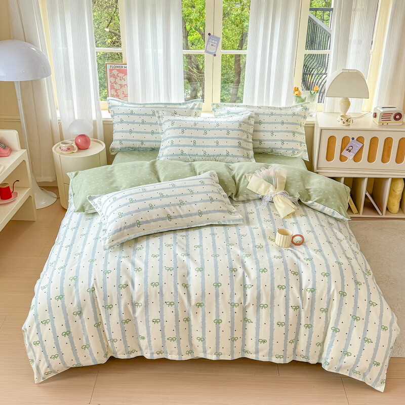 多兰诗（Duolanshi）春秋加厚磨毛四件套 ins四件套花卉田园风格床单被套四件套 点点情深M 1.2米 床单款 被套150*200 三件套