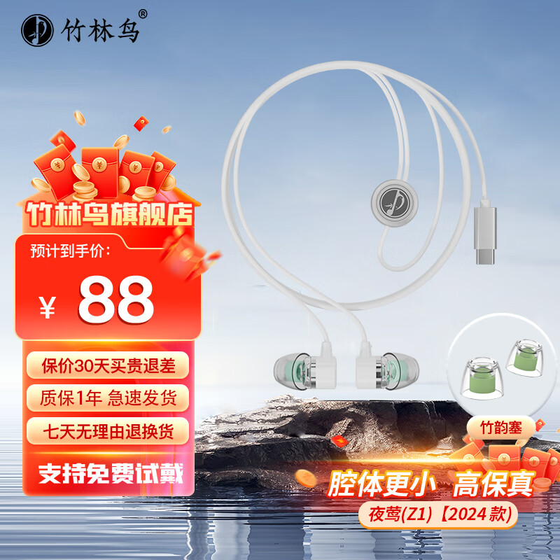 竹林鸟夜莺Z1入耳睡眠耳塞HiFi有线耳机直播K歌电脑游戏电竞无损音乐微型超小动圈高音质安卓适用手机 凝霜白Type-C版+竹韵塞 有麦克风