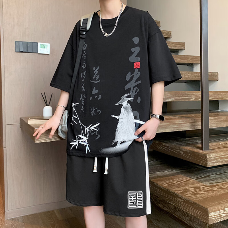 列迅中国风短袖t恤男套装夏季宽松休闲运动短裤男一套搭配青少年衣服 T5811白色套装 M 约100-125斤可穿