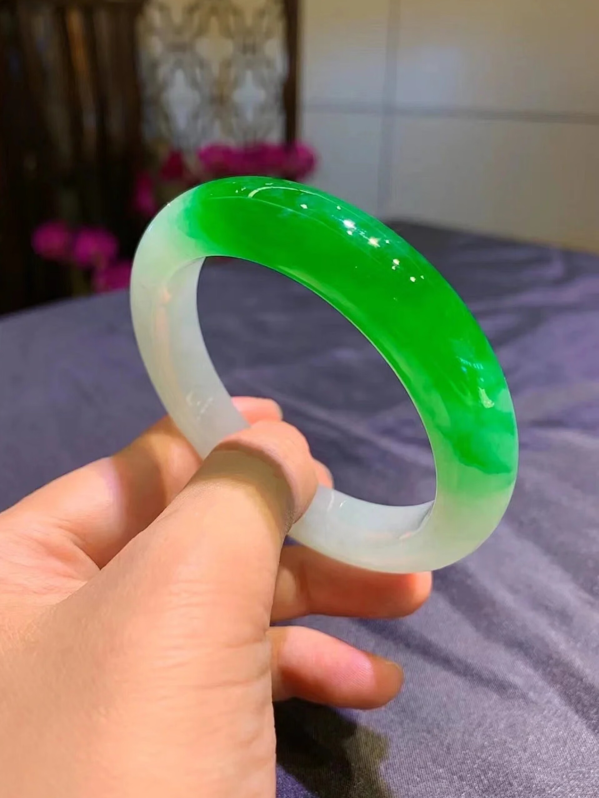 ovozi翡翠手镯冰种飘绿缅甸冰种满阳绿翡翠手镯a货帝王绿玻璃 1