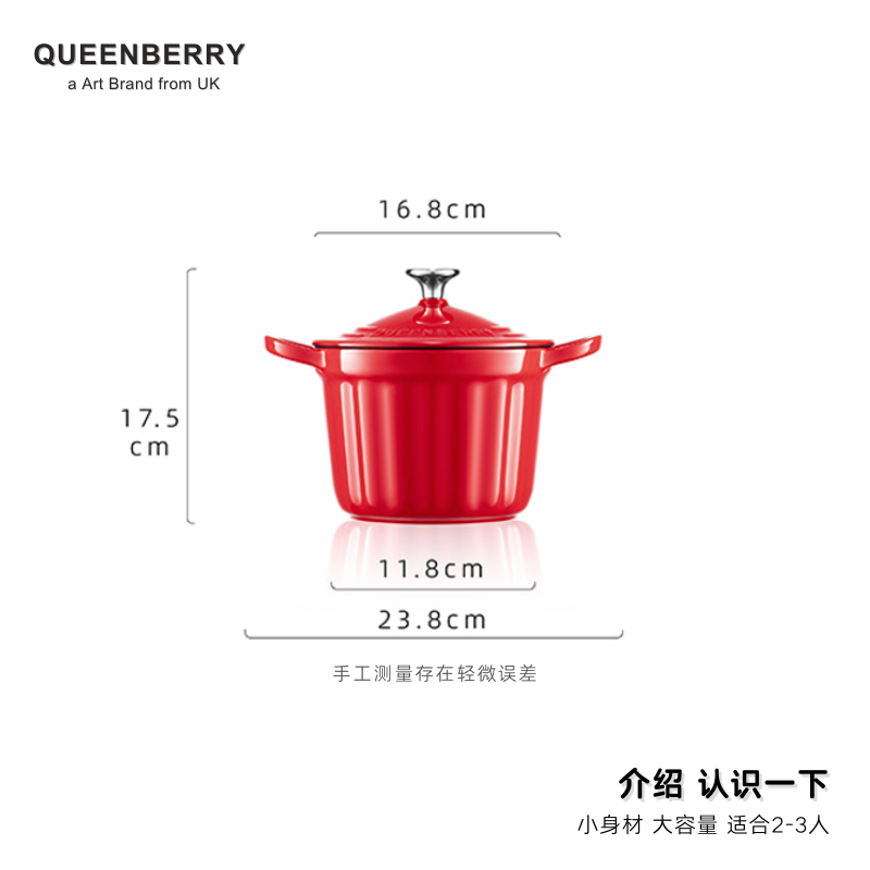 QUEENBERRY英国库白铸铁珐琅锅私人料理锅家用炖锅厨房汤锅北欧平底饭釜锅 「2-3人食」料理锅-雪顶白 16cm