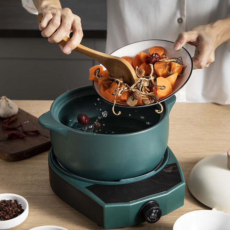 DIKO电砂锅火锅煮粥炖汤多功能分体式家用1-2人陶瓷涮锅全自动1000W功率部队火锅可调火力定时预约小锅 3L 绿色砂锅 1000W