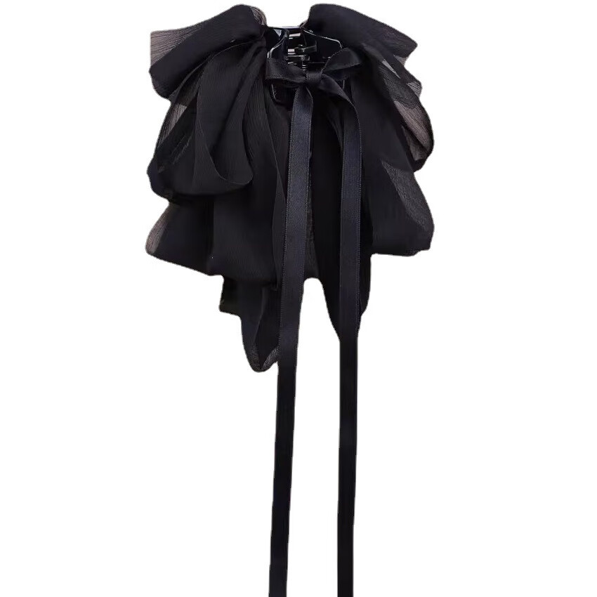 【精选】蝴蝶结飘带抓夹女法式湿柔头花后脑勺盘发夹发抓雪纺发饰 丝带-抓夹（黑