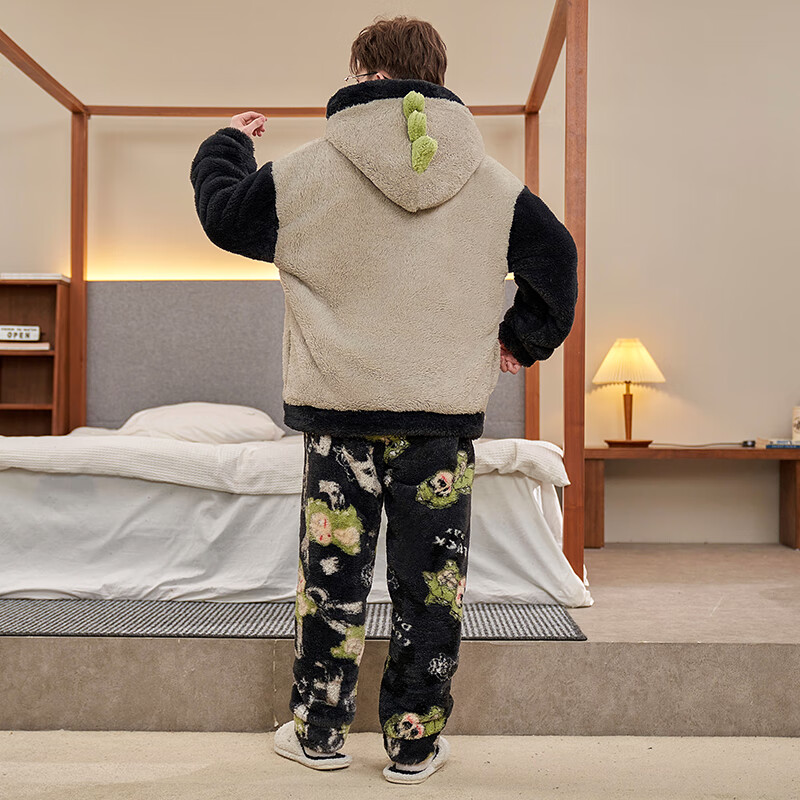 萧淑妃冬季加厚保暖卡通连帽法兰绒男士睡衣大码学生珊瑚绒家居服套装 恐龙蜡笔小新 2XL