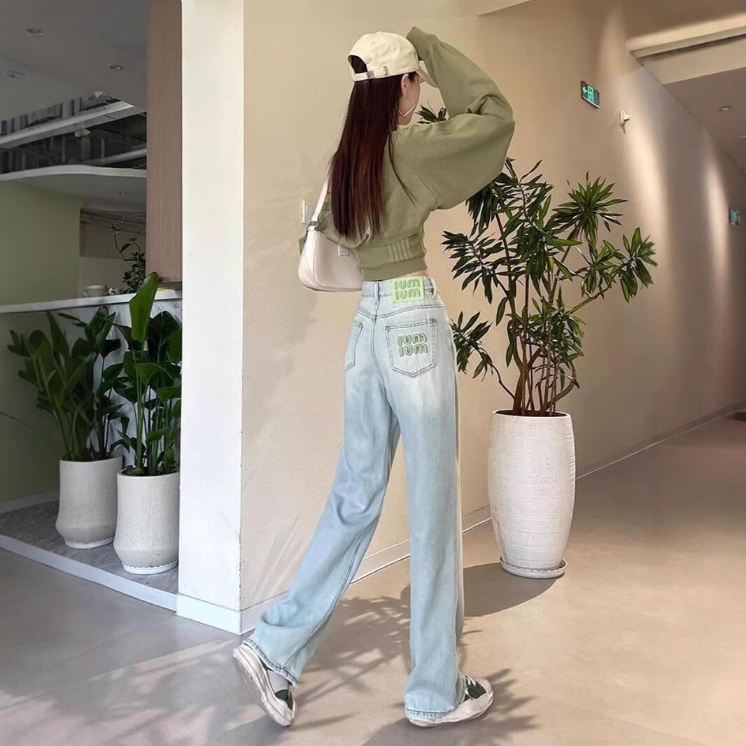 燠阳韩版字母刺绣直筒牛仔裤女2025年新款夏季薄款高腰宽松阔腿裤DM 2060浅蓝色 XL 【118-128斤】