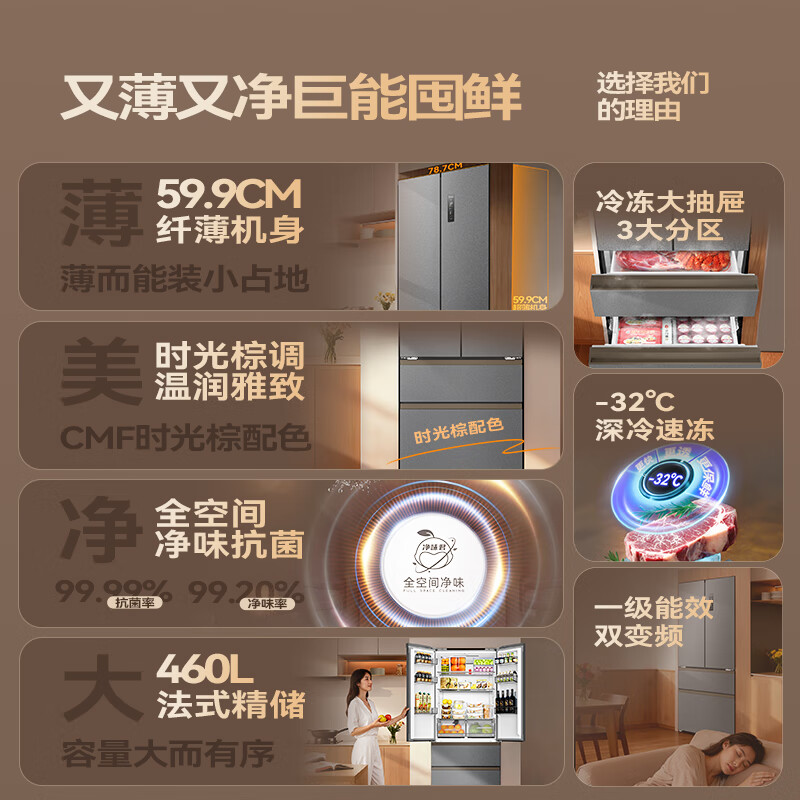 长虹CHiQ小拾光系列460升法式多门四开门冰箱60cm超薄可嵌入一级双变频双循环风冷家用大容量小户