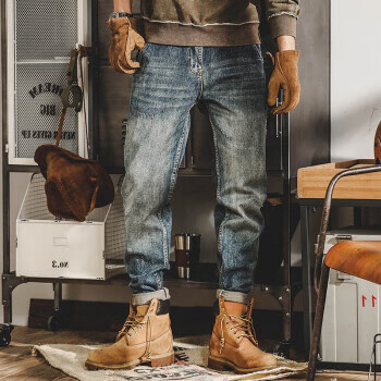 JEEP SPIRIT美式工装牛仔裤子男宽松直筒春夏新款重磅男士复古休闲裤潮 黄泥蓝 31 125-135