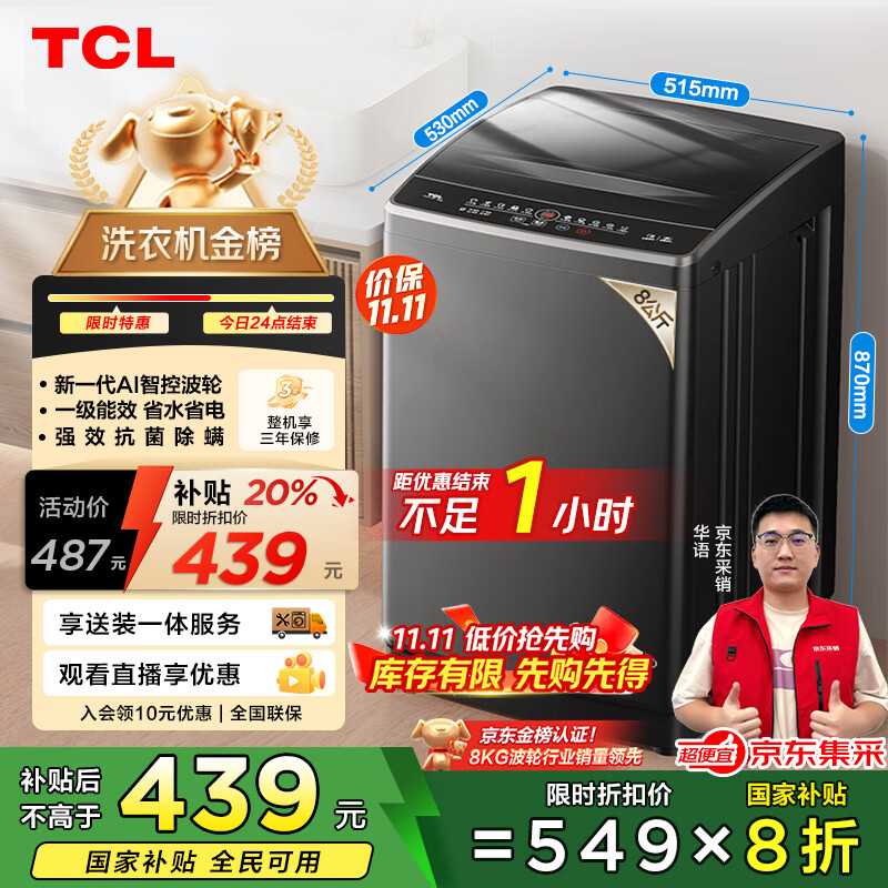 TCL 8公斤小型波轮洗衣机全自动家用 L2R大容量一级能效 家电国家补贴以旧换新 送装一体B80L2R